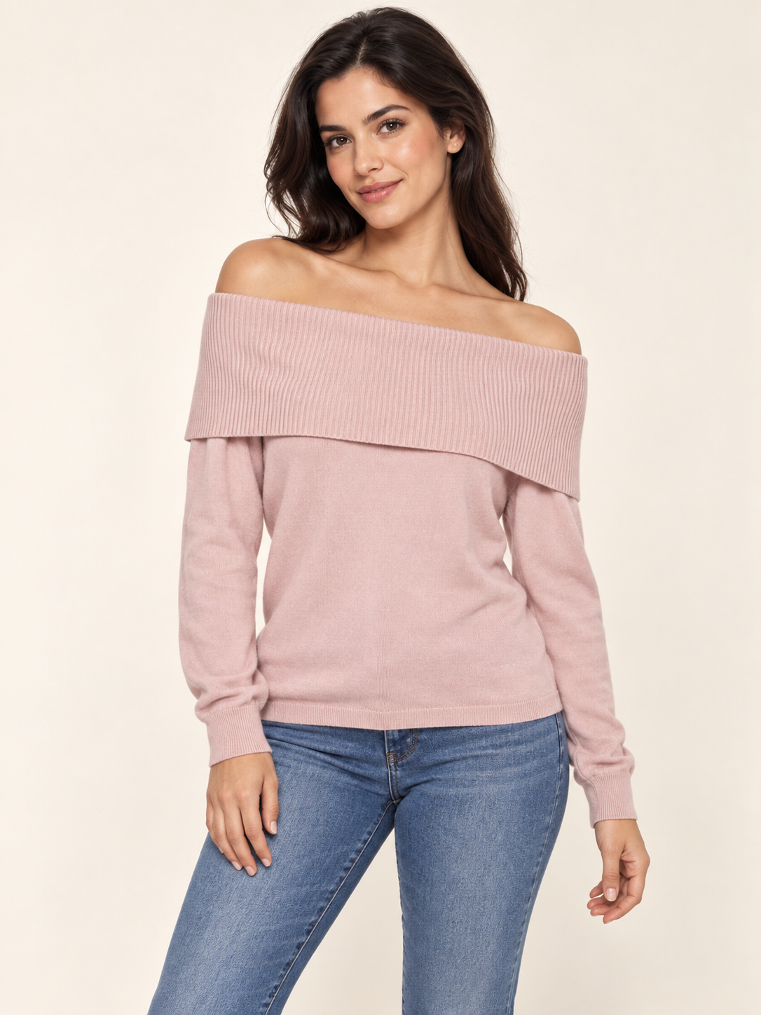 Light Pink Ribbed Knit Off Shoulder Long Sleeve Sweater on an adult model; accessories and other clothing are styling only.