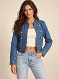 Denim Blue Rigid Non-Stretch Military Button Cropped Jacket on an adult model; accessories and other clothing are styling only.
