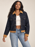 Denim Blue Rigid Denim Corduroy Collar Button Front relaxed Fit Jacket on an adult model; accessories and other clothing are styling only.