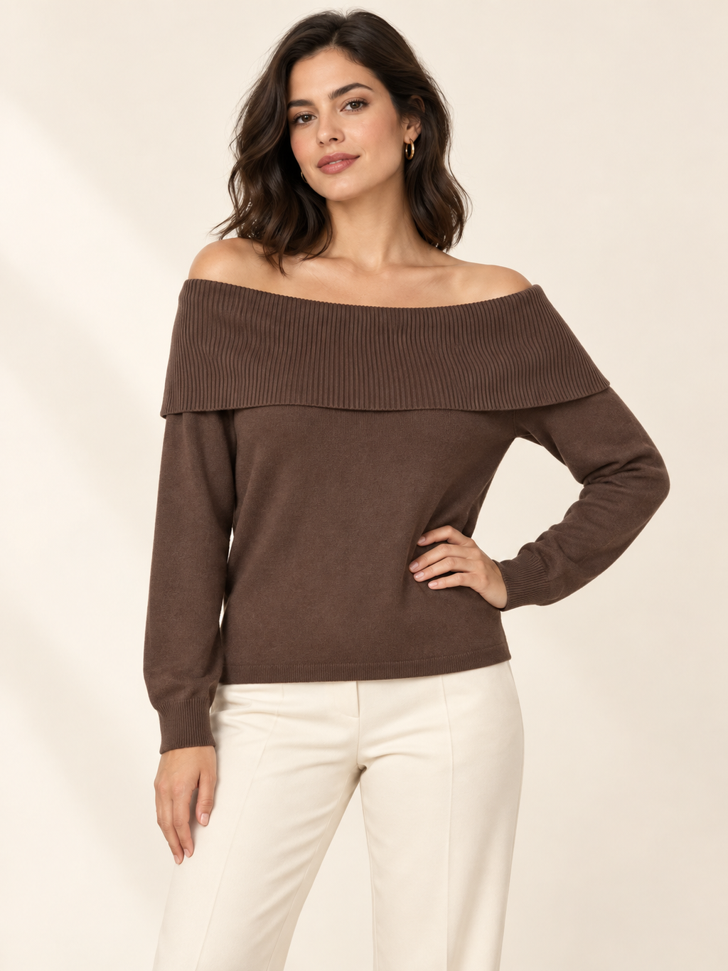 Brown Ribbed Knit Off Shoulder Long Sleeve Sweater on an adult model; accessories and other clothing are styling only.