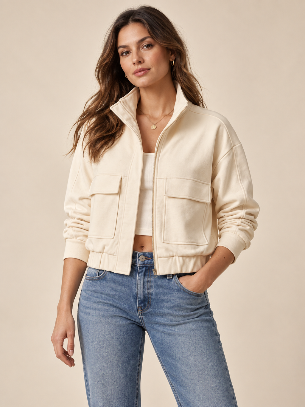 Cream viscose High Collar Pocket Front Relaxed Fit Bomber Jacket on an adult model; accessories and other clothing are styling only.