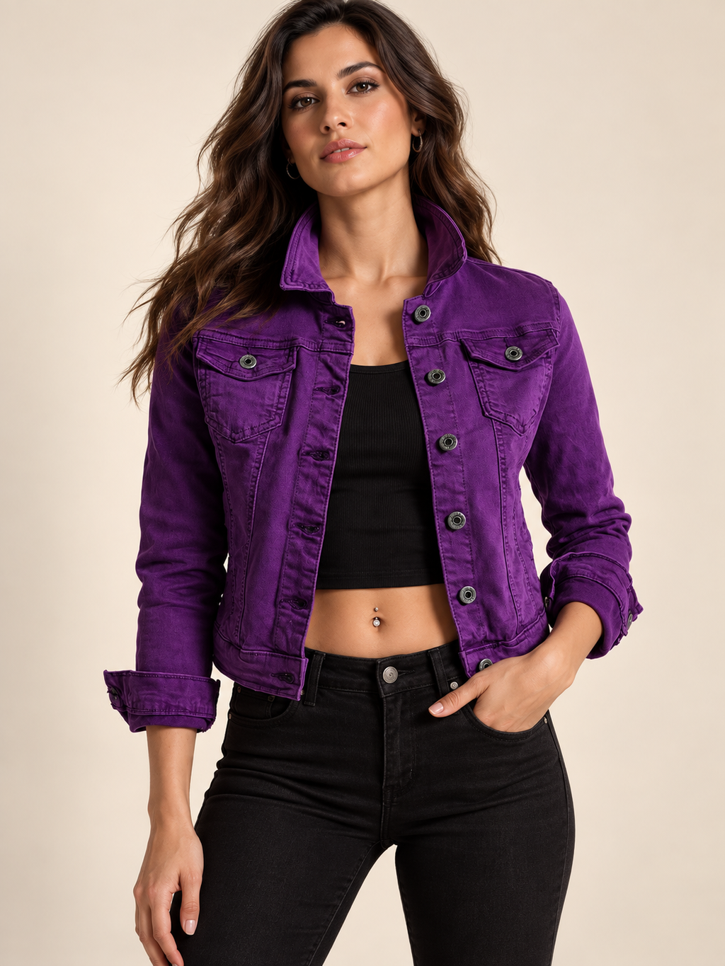 Slim denim trucker jacket in purple on an adult model; other clothing and accessories are styling only.
