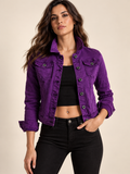 Slim denim trucker jacket in purple on an adult model; other clothing and accessories are styling only.