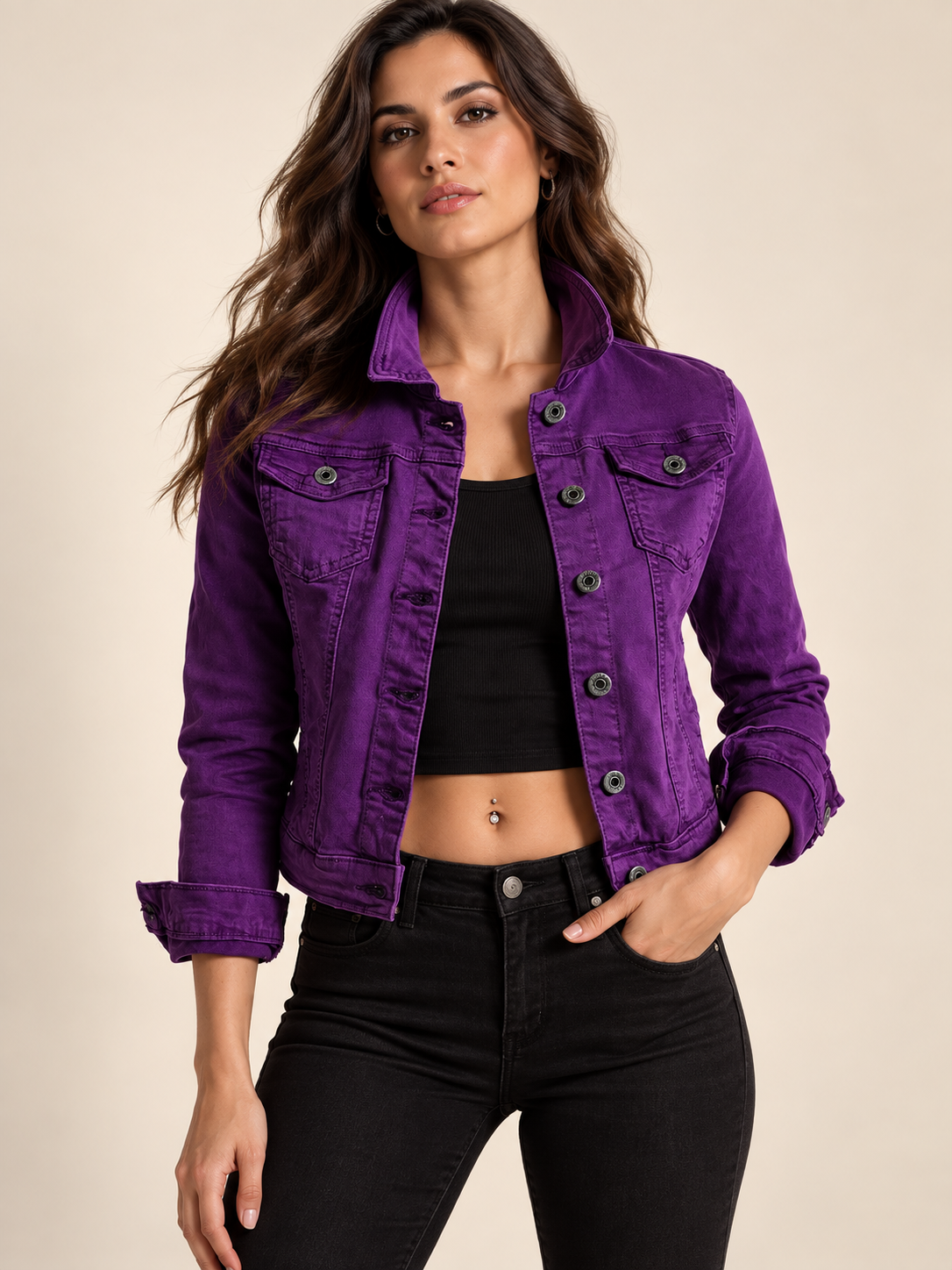 Slim denim trucker jacket in purple on an adult model; other clothing and accessories are styling only.