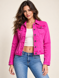 Basic Denim Jacket With Pockets in Pink on an adult model; accessories and any other clothing are styling only.