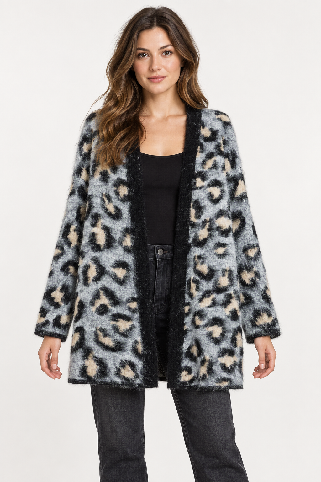Gray Wool-Blend Cardigan — front view, AI-styled model