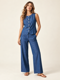 Sleeveless Button-Front Vest & Wide-Leg Trouser Set on an adult model; accessories and any other clothing are styling only.
