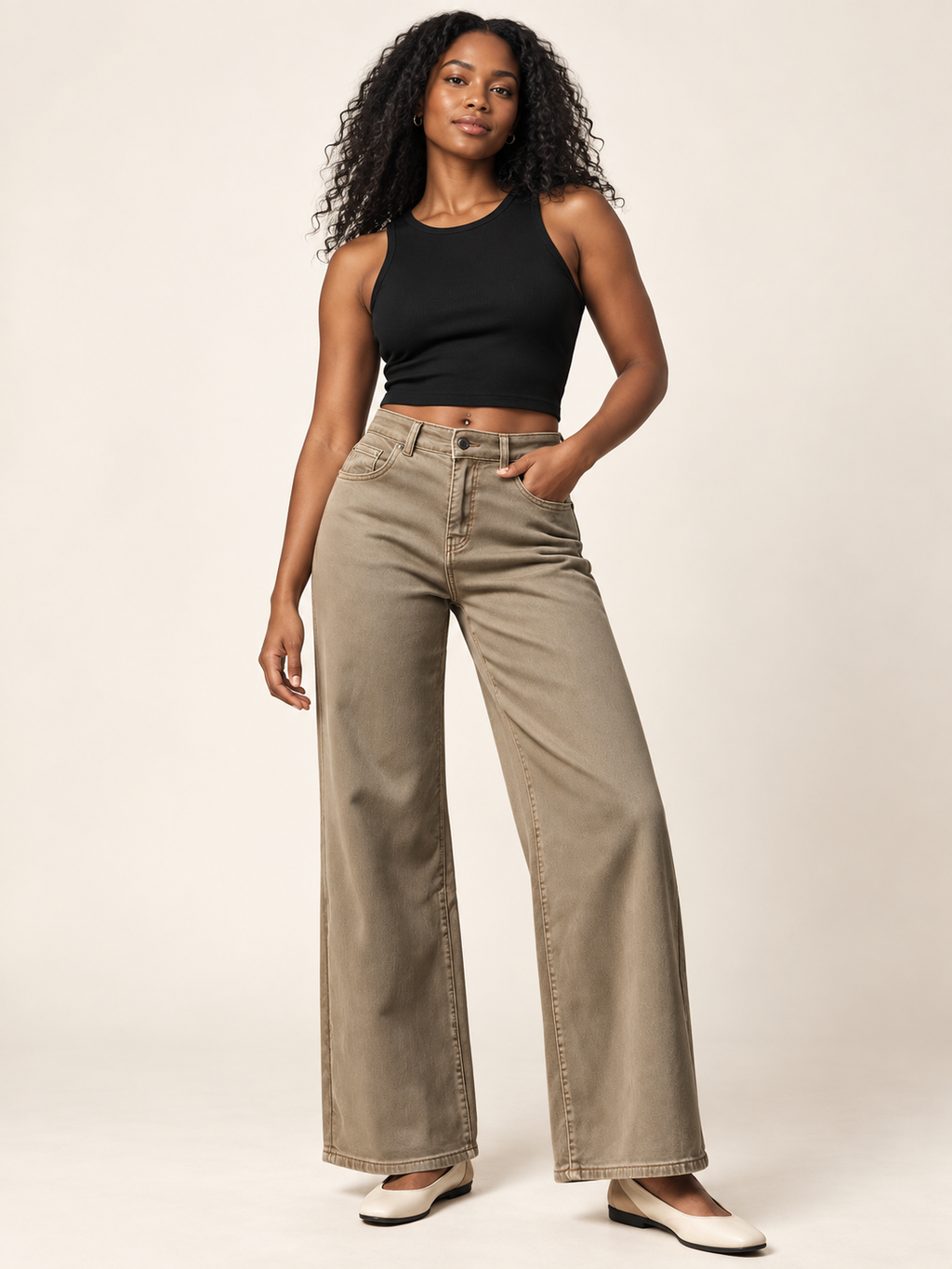 dark beige Wide Leg pants in Stretch Denim on an adult model; accessories and other clothing are styling only.
