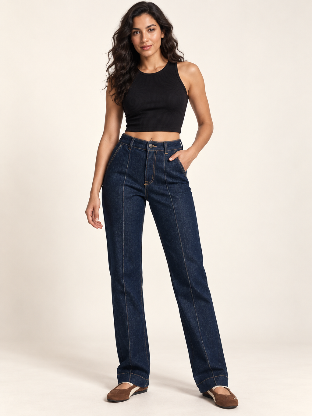 Long Straight Dark Blue Jeans With Contrast Stitching on an adult model; accessories and other clothing are styling only.