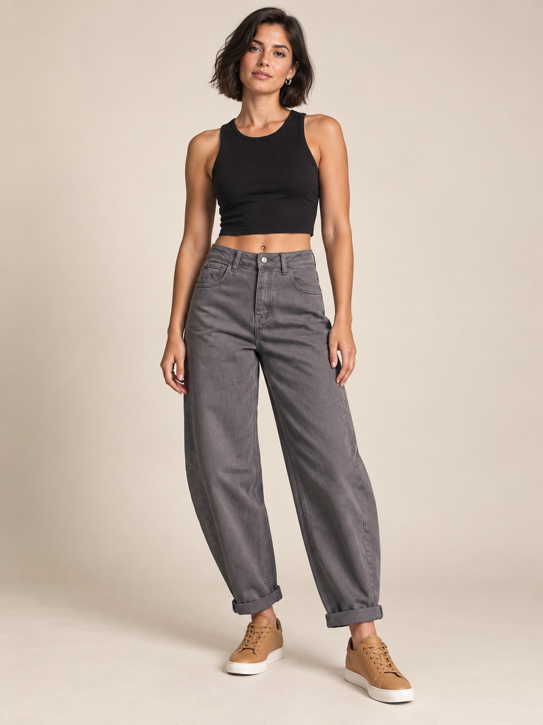 Trendy Gray Barrel Balloon Jeans with Pockets on an adult model; accessories and other clothing are styling only.