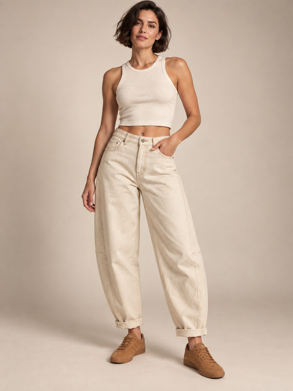 Trendy Cream Barrel Balloon Jeans with Pockets on an adult model; accessories and other clothing are styling only.