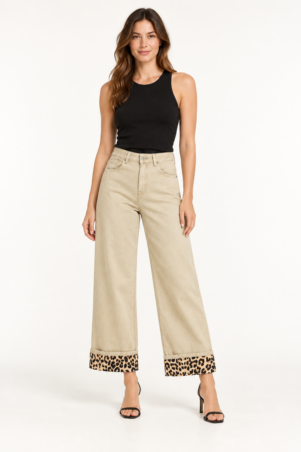 Wide leg beige pants with leopard print at the bottom — front view, AI-styled model