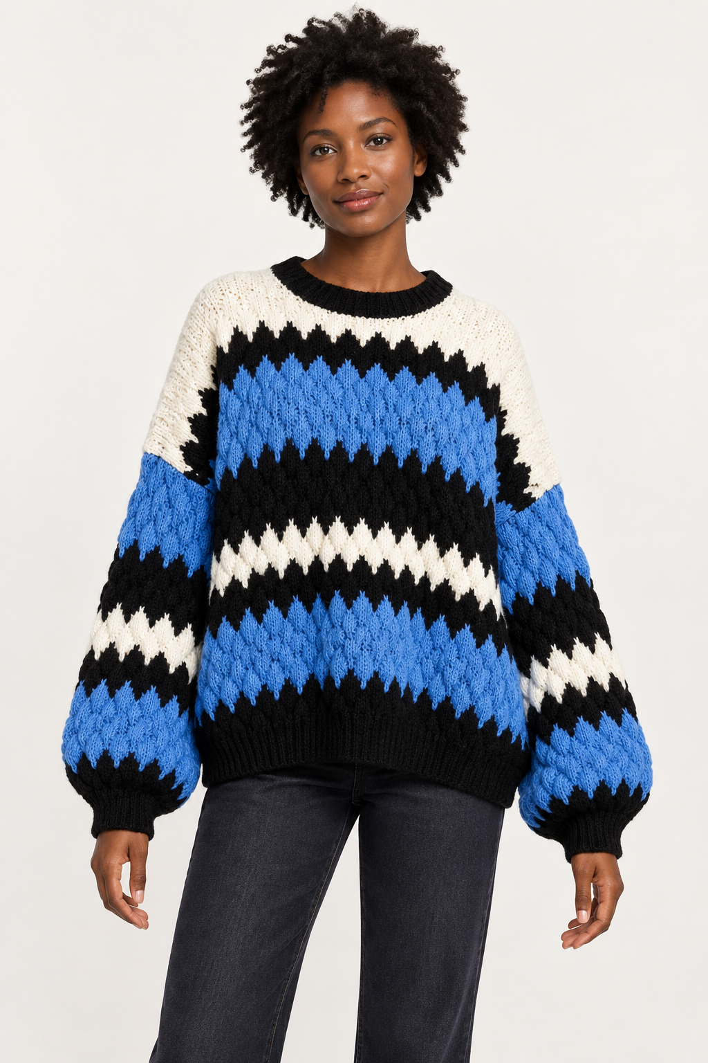 cozy blue white and black zig zag sweater — front view, AI-styled model