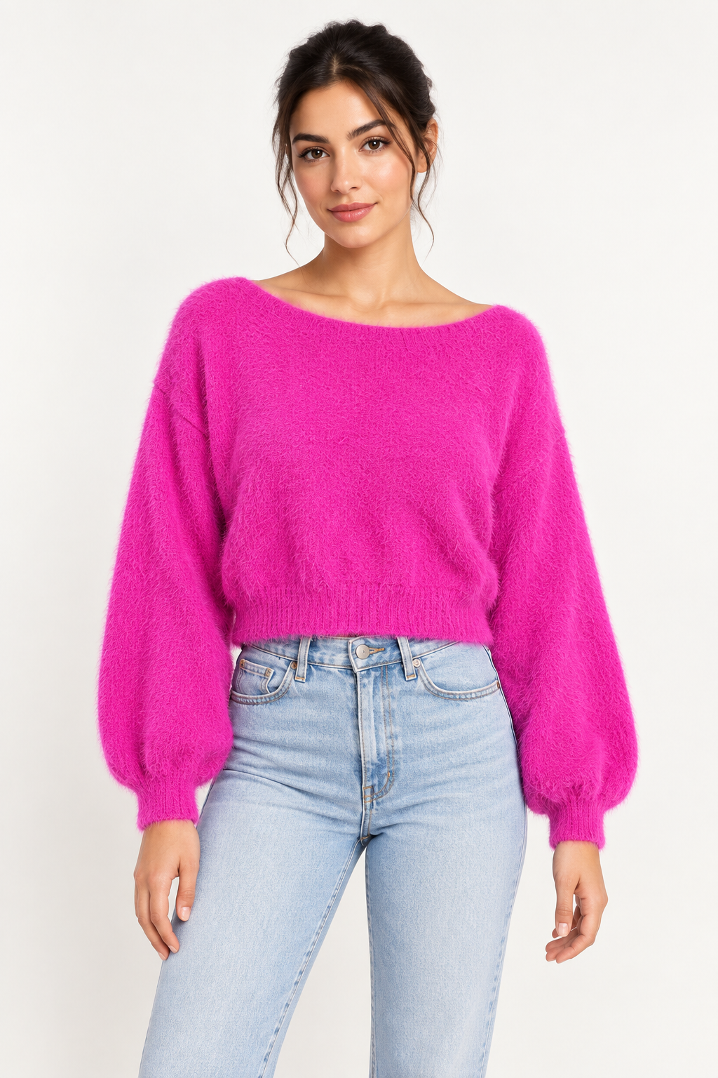 cropped fluffy sweater in fuchsia fitted at the waist — front view, AI-styled model