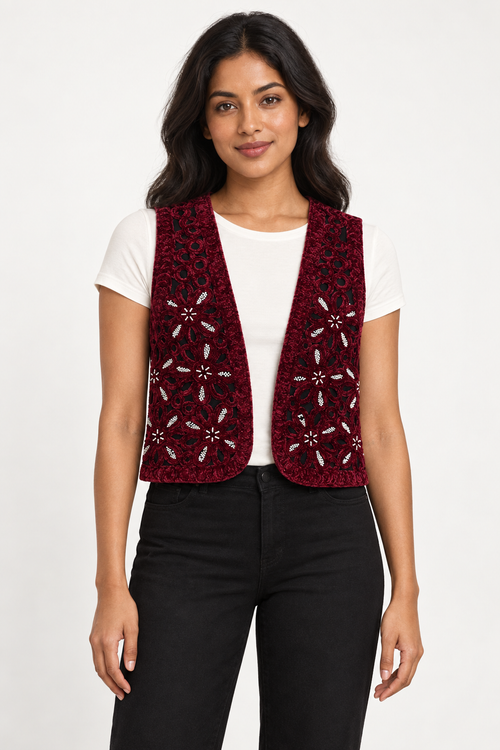 Beaded Embroidery Velvet Short Vest in burgundy — front view, AI-styled model